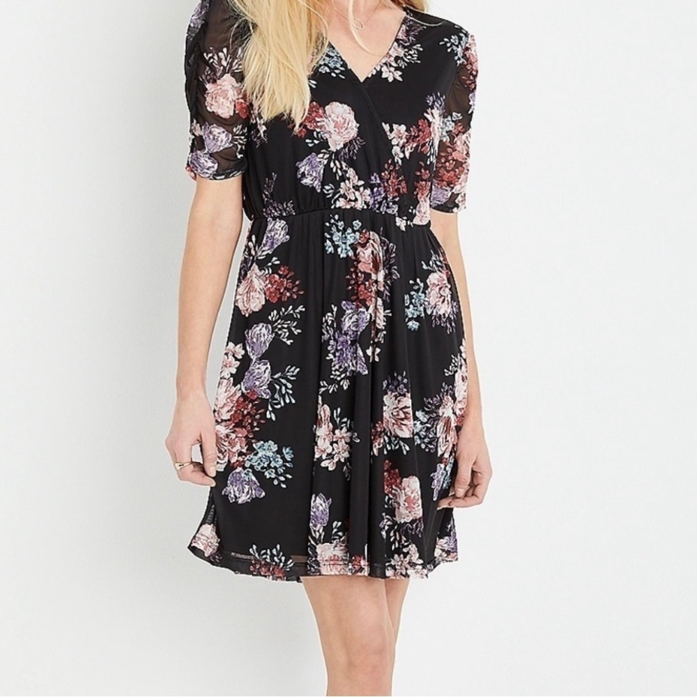 Maurice’s Black & Pink Floral Dress With Sheer Sleeves and Overlay Size XL